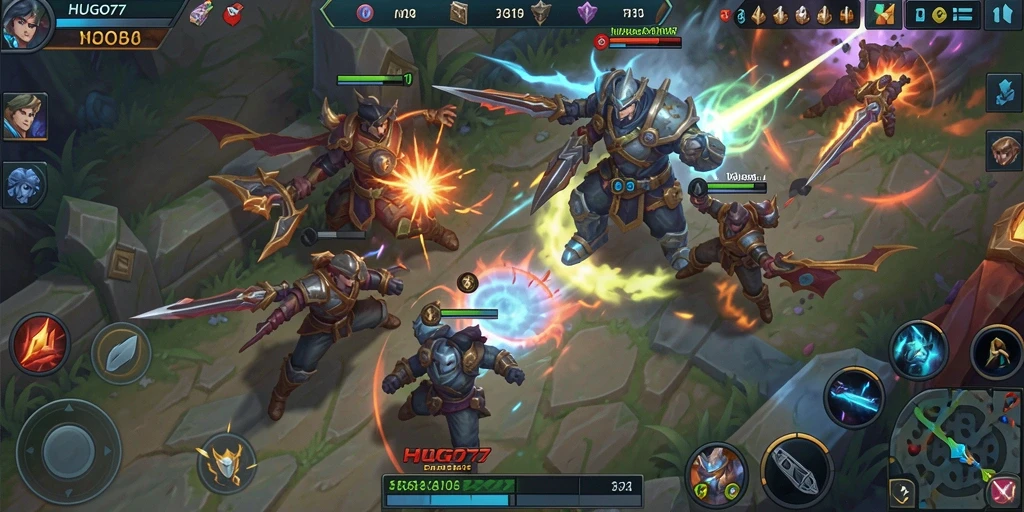 Screenshot gameplay HUGO77 yang menampilkan pertarungan MOBA seru.